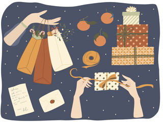 Draw vector illustration character design collection stickers hands wrapping a gift, letter, gift and hands hold gift bags for Christmas and New year. Seasonal Xmas greetings bundle.