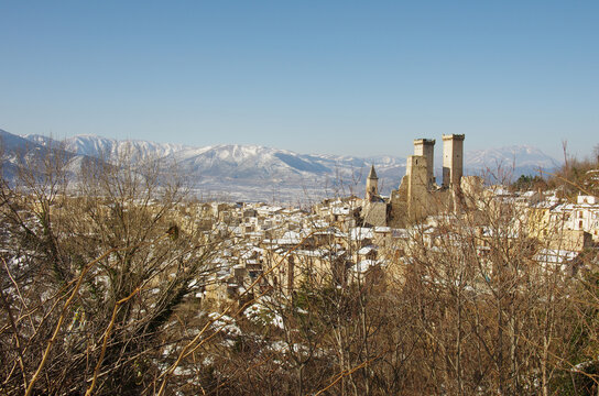 View of Pacentro and the Caldora or Cantelmo castle that dominates the characteristic mountain village - Abruzzo - Italy