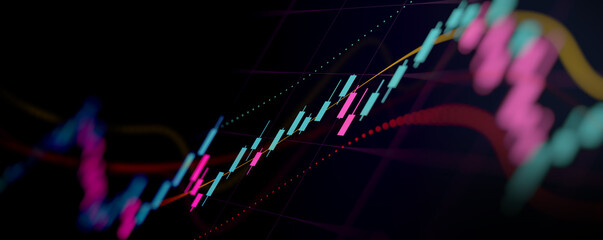 Financial graph with up trend line candlestick chart in stock market on neon color Widescreen background

