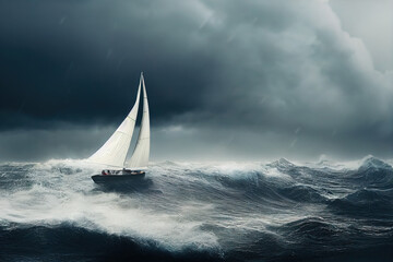 sailboat in the sea during storm  - obrazy, fototapety, plakaty