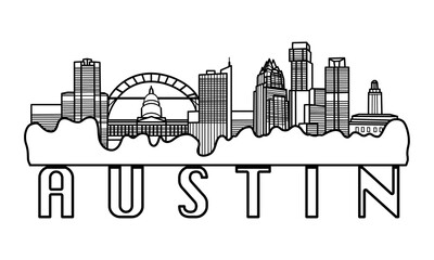 Austin Texas Skyline Illustration, Minimal line art cityscape, silhouette of Austin city, USA