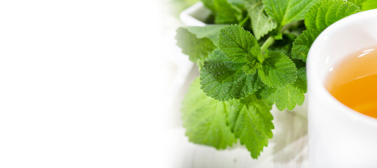 purple sage plant and tea on table and white background, Lippia Alba