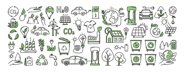 A set of elements. Co2 concept of climate change. Recycling. Separation of garbage. Vector isolated doodle