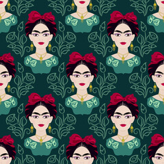 Beautiful mexican woman vector seamless pattern