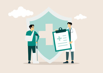 Medical healthcare insurance banner, flat vector illustration. Insurance against accidents and injuries.