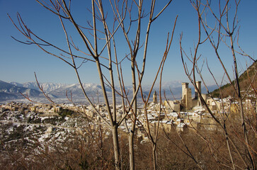 View of Pacentro and the Caldora or Cantelmo castle that dominates the characteristic mountain...