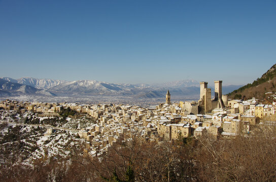 View of Pacentro and the Caldora or Cantelmo castle that dominates the characteristic mountain village - Abruzzo - Italy