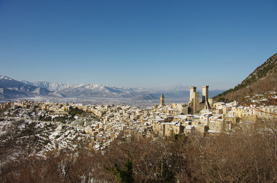 View of Pacentro and the Caldora or Cantelmo castle that dominates the characteristic mountain village - Abruzzo - Italy