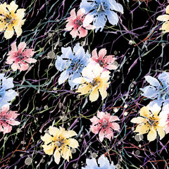 Seamless vintage pattern, flowers. Plant in watercolor. Seamless graphic watercolor pattern, background. Branch lines,hay. Abstraction, design, splash of watercolor paint. Abstract graphic Trendy art 