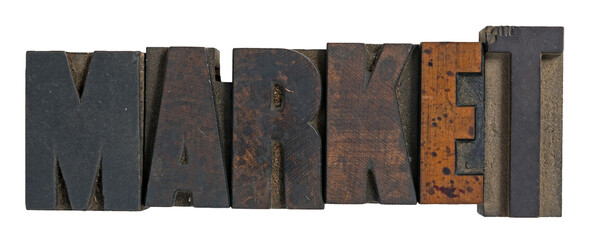 The word market spelled out in antique wood letterpress type printing blocks