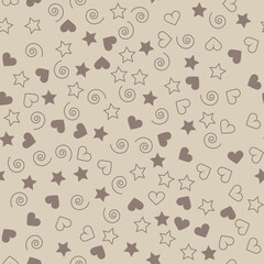 Fototapeta premium Retro pattern with hearts, stars and spirals. Beige monochrome background. Vector, vintage illustration for packaging design, textiles and stationery, accessories.