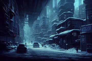 cyberpunk post-apocalyptic dystopian winter city , narrow street, neon lights, concept art, digital painting, cinematic,
