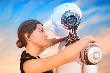 Humanoid robot hugging a girfriend, conceptual 3D illustration