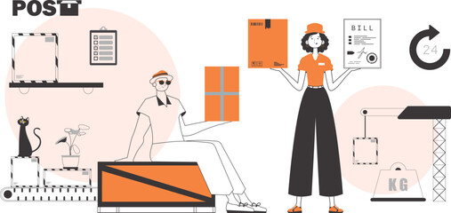 Guy and girl delivers parcels. Linear modern style.