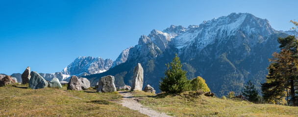 stone garden at Kranzberg mountain, view to Karwendel Alps, Mittenwald landscape upper bavaria