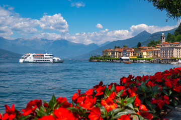 Wide panorama of Bellagio, the Pearl of Lake Como, one of the most famous and picturesque towns in Lombardy, Italy,  with unparalleled shoreline and Alpine views.
