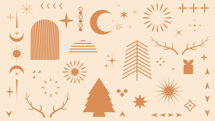 Vector set of linear Boho Christmas elements. Hand drawn elements for decoration in modern minimalist style for social media posts.