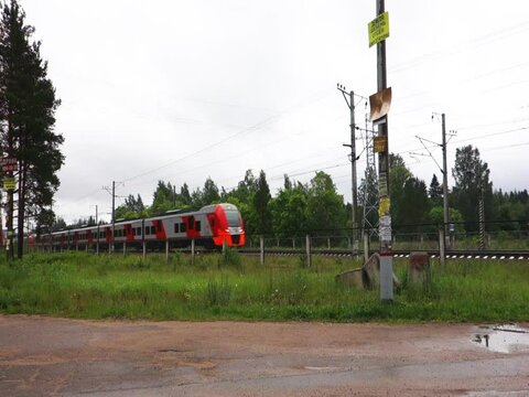 The Swallow high-speed train travels from St. Petersburg to Finland by rail. October railway. Traveling by train.A very fast train rides on rails.Vyborg 12.07.2021.