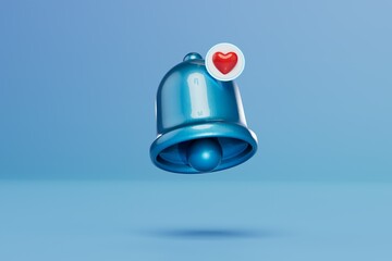 Notification of a new message. a blue bell with a heart on a blue background. 3D render