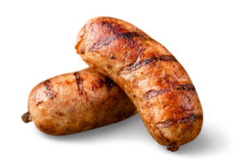 Tasty roasted sausages isolated on white background