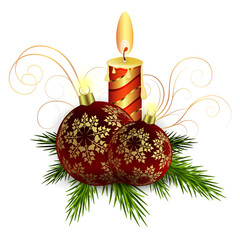 Christmas composition of spruce green branches, a burning candle, burgundy balls with snowflakes.