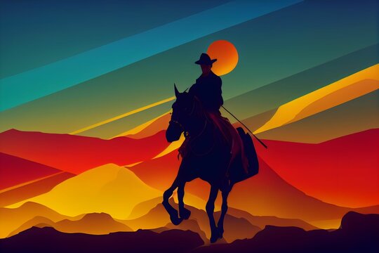 Naklejka Digital AI-generated image of a cowboy on horseback in a desert at sunset for wallpapers