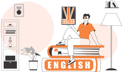 Male English teacher. The concept of learning a foreign language. Line art style.