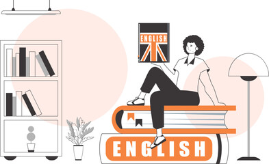 Male English teacher. The concept of learning English. Linear modern style.