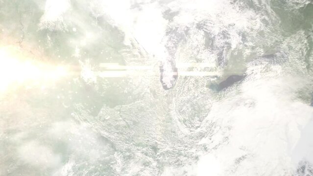 Earth zoom in from outer space to city. Zooming on Naperville, Illinois, USA. The animation continues by zoom out through clouds and atmosphere into space. Images from NASA