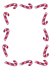 Christmas frame made of striped candy canes. Watercolor illustration. Holiday, celebration or kids concept