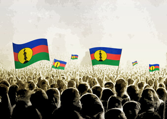 Naklejka premium Crowd with the flags of New Caledonia, people cheering national team of New Caledonia. Ai generated illustration of crowd.