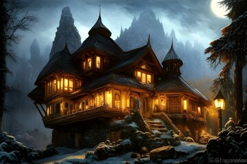 Fototapeta na wymiar Intricate house, castle, on beautiful landscape 3d illustration 3d render