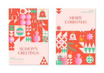 Christmas and Happy New Year greeting banners templates.Festive vector backgrounds in bauhaus style.Traditional winter holiday symbols.Xmas trendy designs for branding,invitations,prints,social media