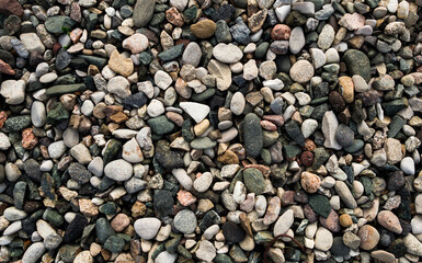 Pattern and texture of small pebbles of different colors in the mountains, texture for a background with soft lighting