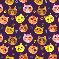 Seamless pattern of Cartoon faces of cats on a purple background. Cute Cat muzzle. Watercolour hand drawn illustration. For fabric, sketchbook, wallpaper, wrapping paper.
