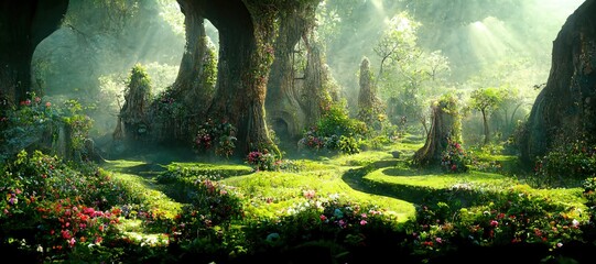 Unreal fantasy landscape with trees and flowers. Garden of Eden, exotic fairytale fantasy forest, Green oasis.  Sunlight, shadows, creepers and an arch. 3D illustration. - obrazy, fototapety, plakaty