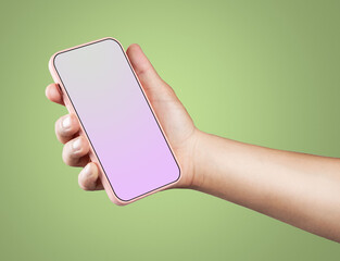 Modern smartphone in pink case with a screen template in the man's hand.