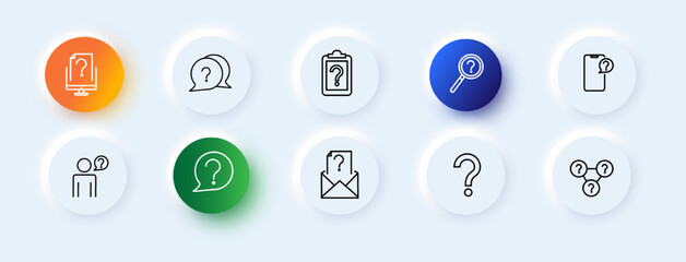 Questions icons set. Unknown document, strange message, billboard, magnifying glass, search, interesting message, unweighted element. question concept. Neomorphism style. Vector line icon for business
