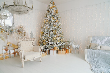 Christmas interior in gold and white colors
