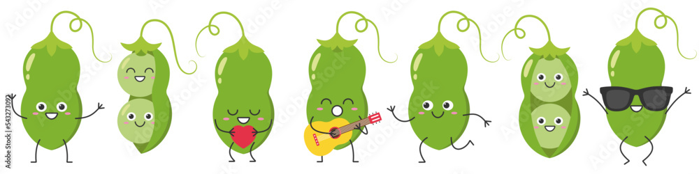 Poster green pea pod set character cartoon greeting jumping sings love running cute smiling face cheerful k