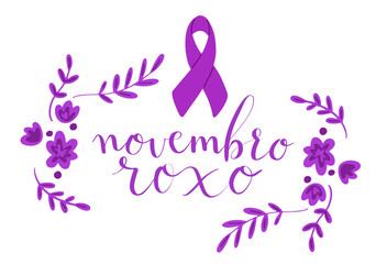Novembro Roxo translation from portuguese November Purple, Brazil campaign for preterm infants support. Handwritten calligraphy and awareness ribbon vector
