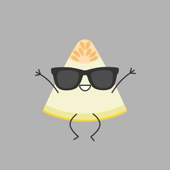 Melon fresh juicy slice jumping greeting character cartoon cute smiling face cheerful kawaii joy happy emotions icon vector illustration.