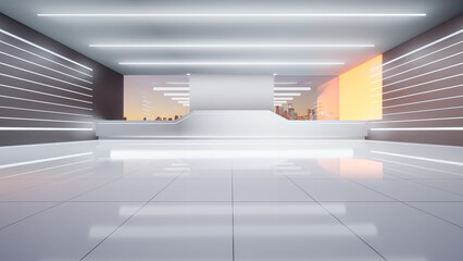 3d rendering of empty space inside futuristic showroom, spaceship, hall or studio in perspective view. Include ceiling, hidden light, white tile floor. Modern background design of future, technology.
