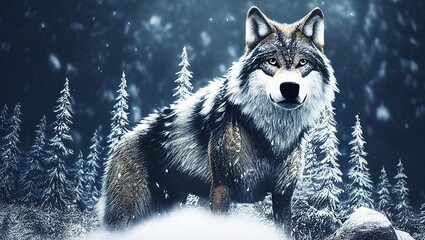 AI-generated white wolf roaming in a snowy forest during winter