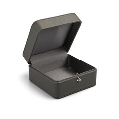 Stylish open gray jewelry gift box on white background close-up, shallow depth of field
