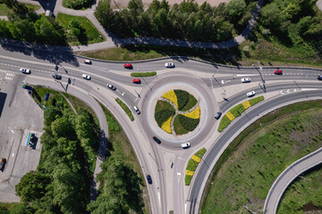 Aerial view of the roundabout in Espoo, Finland. Flowers In the center of the roundabout