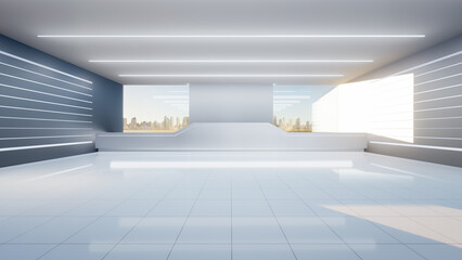 3d rendering of empty space inside futuristic showroom, spaceship, hall or studio in perspective...