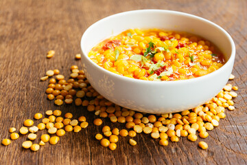 Bowl with yellow split peas with spicy tempering (Arhar dal)