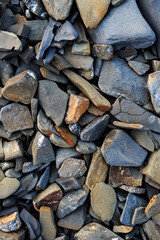 Many multi-colored stones of different shapes on the ocean, texture background of stones. Vertical orientation.