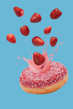 Delicious sweet donut with splashes of pink glaze, sprinkles and ripe fresh strawberries flying around. Isolated on a blue background. Concept of a natural rich taste.